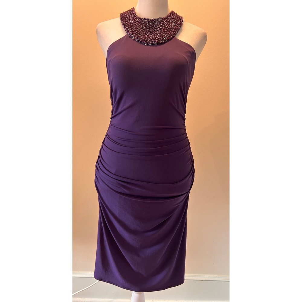 JS Boutique Purple Beaded Halter Ruched Bodycon‎ Cocktail Dress Size 2 Party Y2K